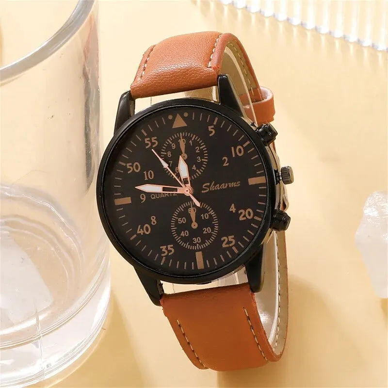 Men Watch Bracelet Set with Brown Leather Strap