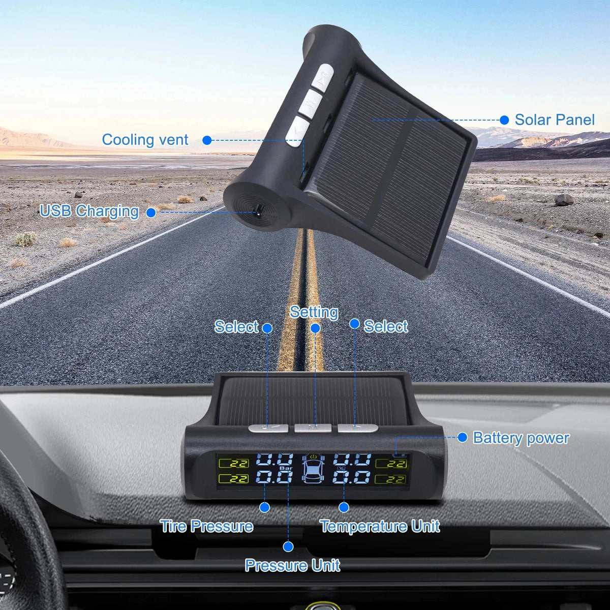 TPMS s štirimi zunanjimi senzorji, solarno in USB