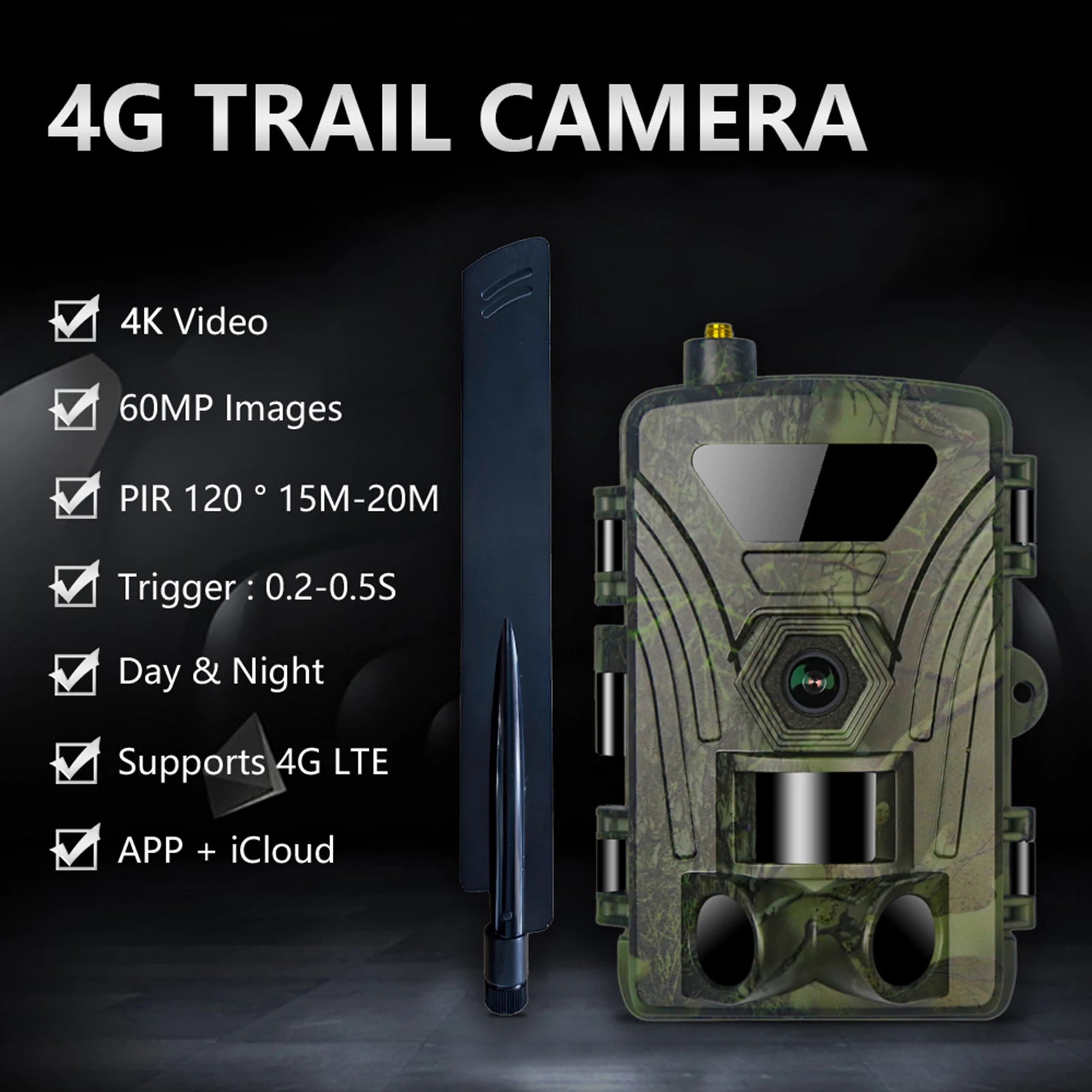 4G Trail Camera 8K Video, 60MP Images, 120° PIR