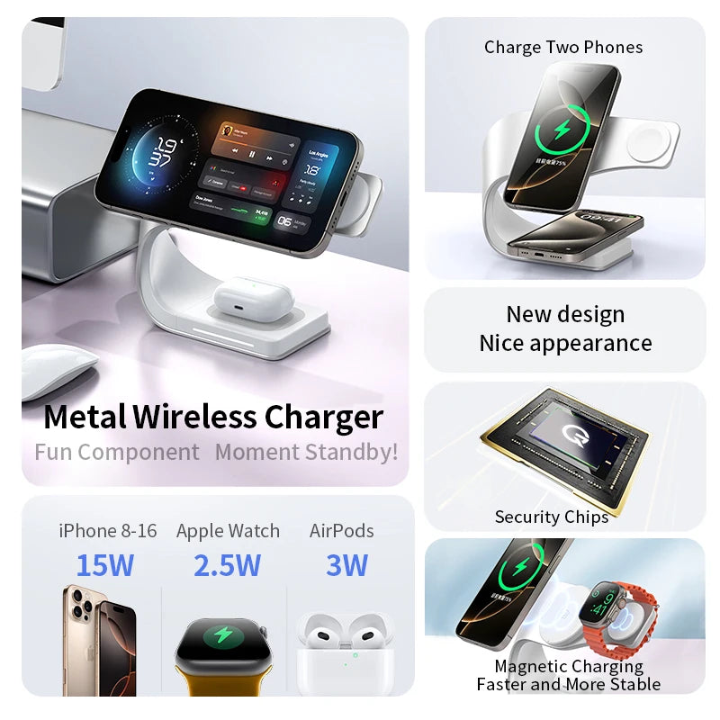 4 in 1 Wireless Charger Metal Shell for iPhone 15 14 13 12 Magnetic Fast Charging Station Stand Dock for Apple Airpods Watch
