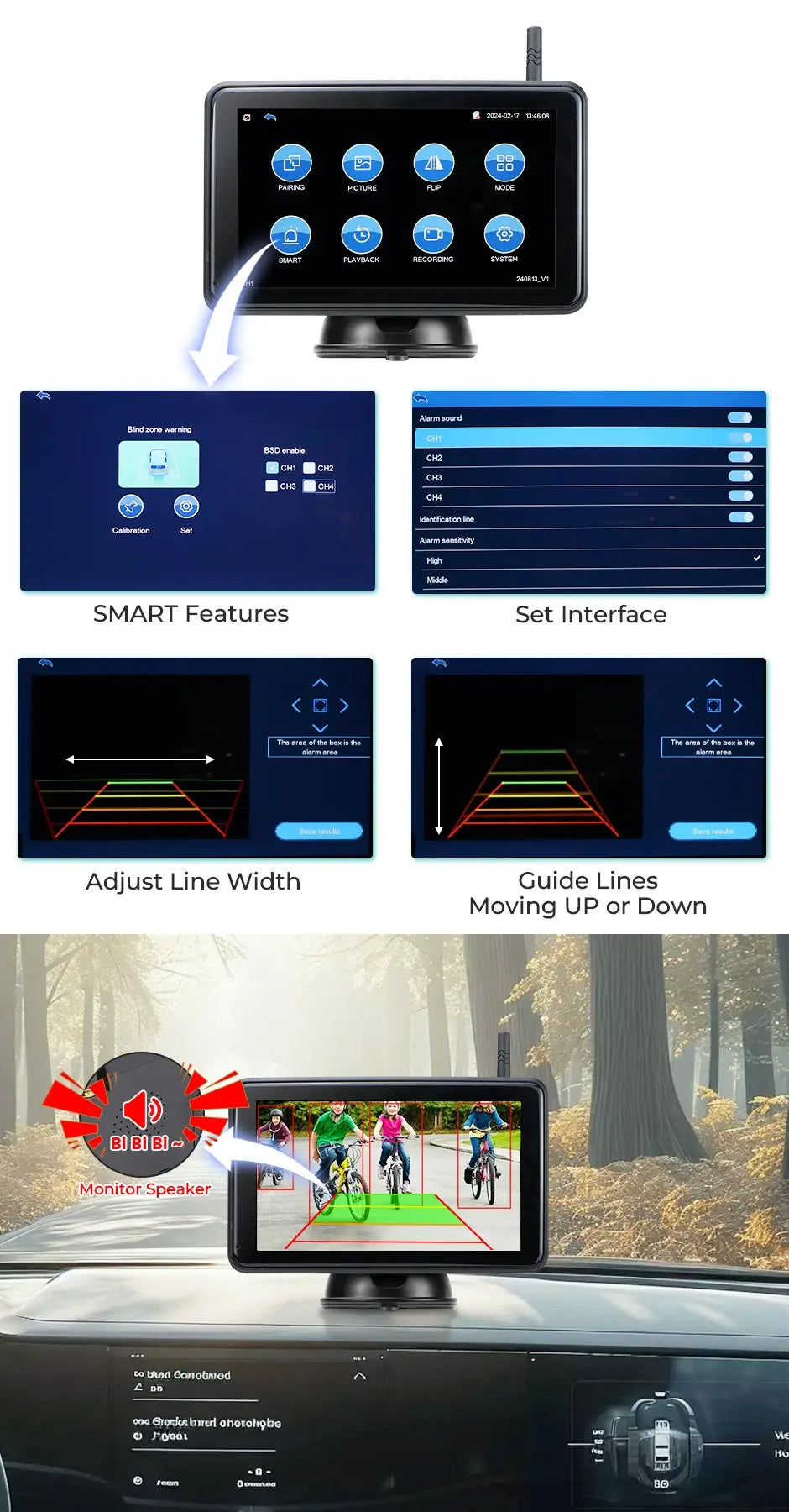 7'' Magnetic Solar Charging Wireless DVR Camera with 1080P Touch Monitor BSD Blind Spot Alarm, for Truck/RV/Trailer/Forklift