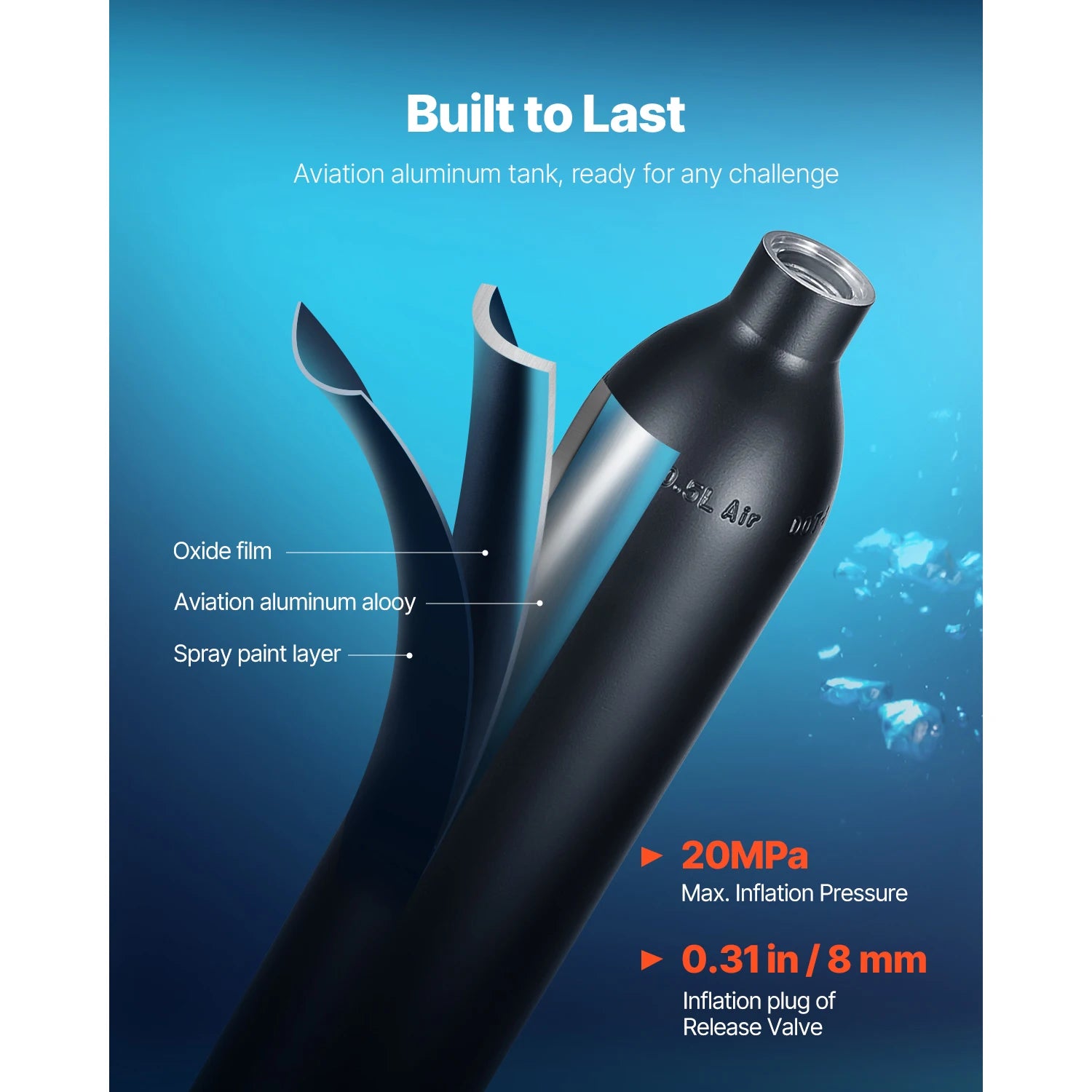 SucceBuy Scuba Tank 0.5L Portable Scuba Diving Tank Diving Oxygen Cylinder Support 5-10Minute Underwater Breathing 98.43ft Depth