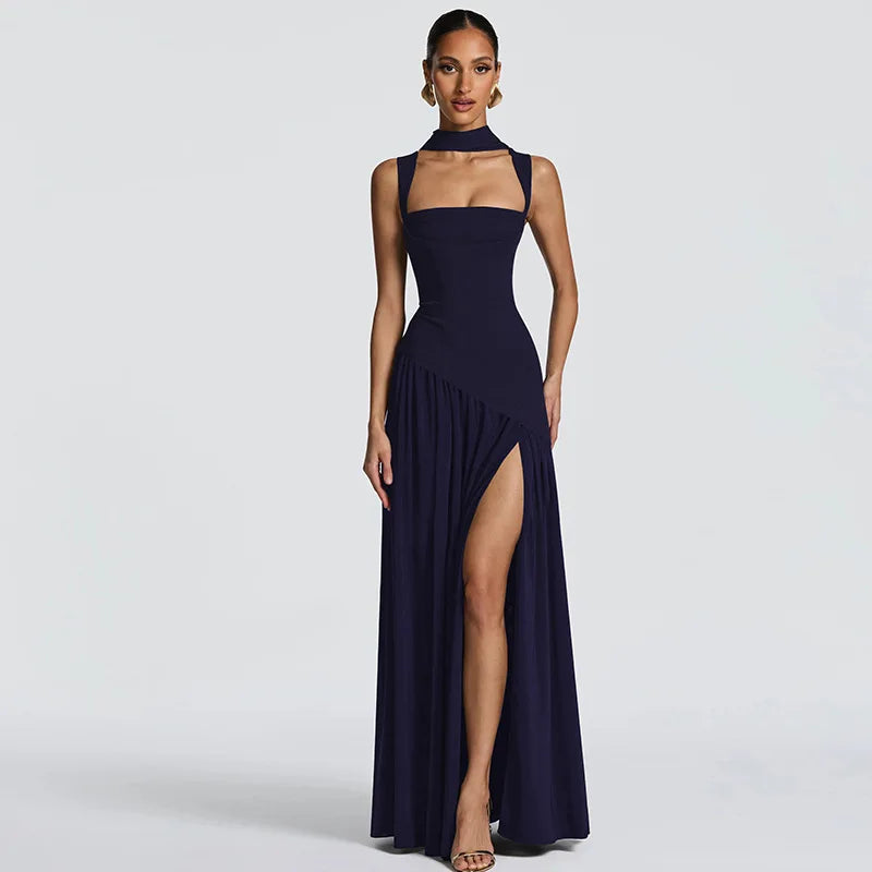 Elegant Sleeveless High Waist Slit Dress with Belted Sash