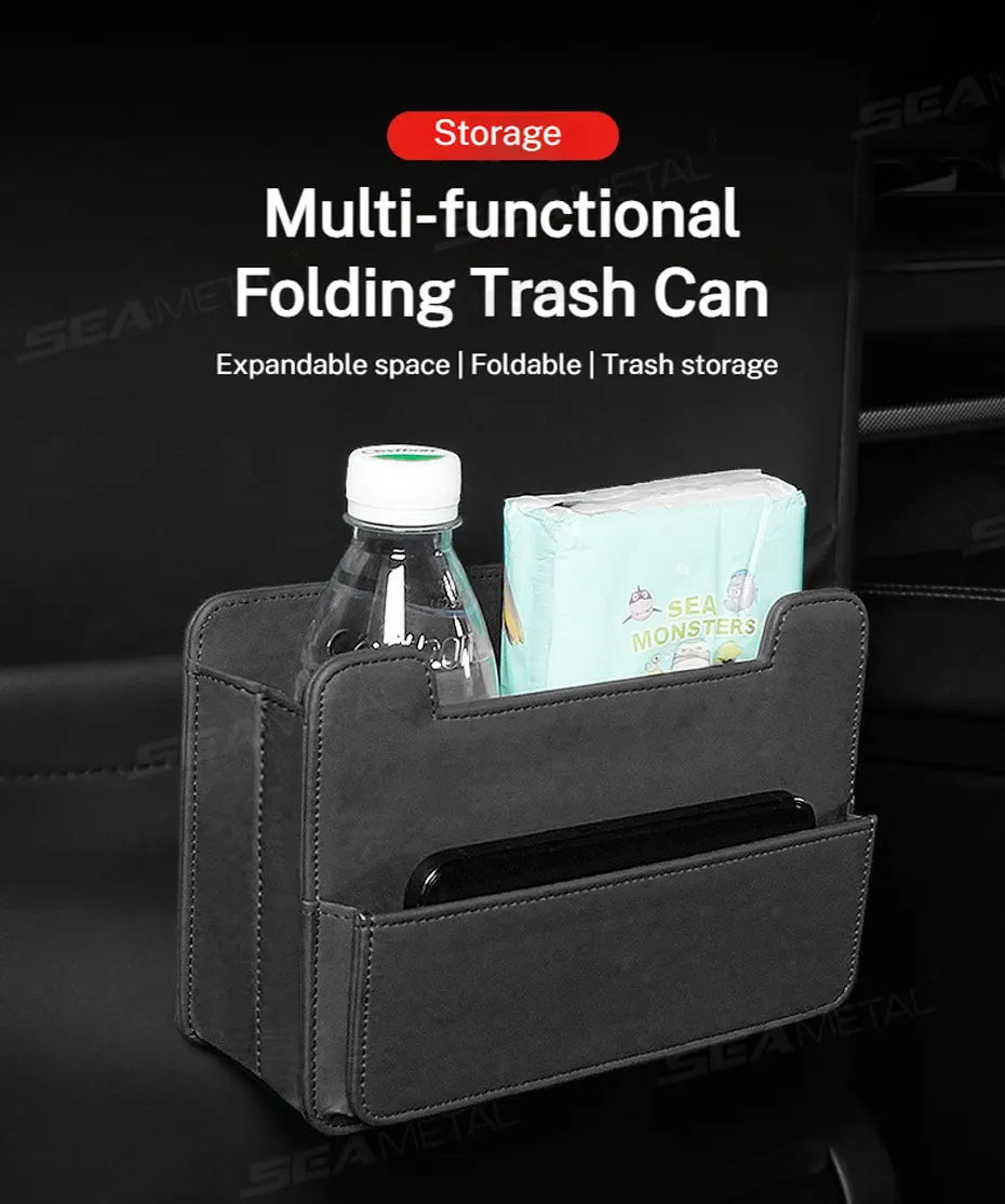 SEAMETAL Tiny Car Trash Can with Pocket Waterproof PU Leather Seat Back Storage Bag Foldable Hanging Car Organizer Dustbin Bin
