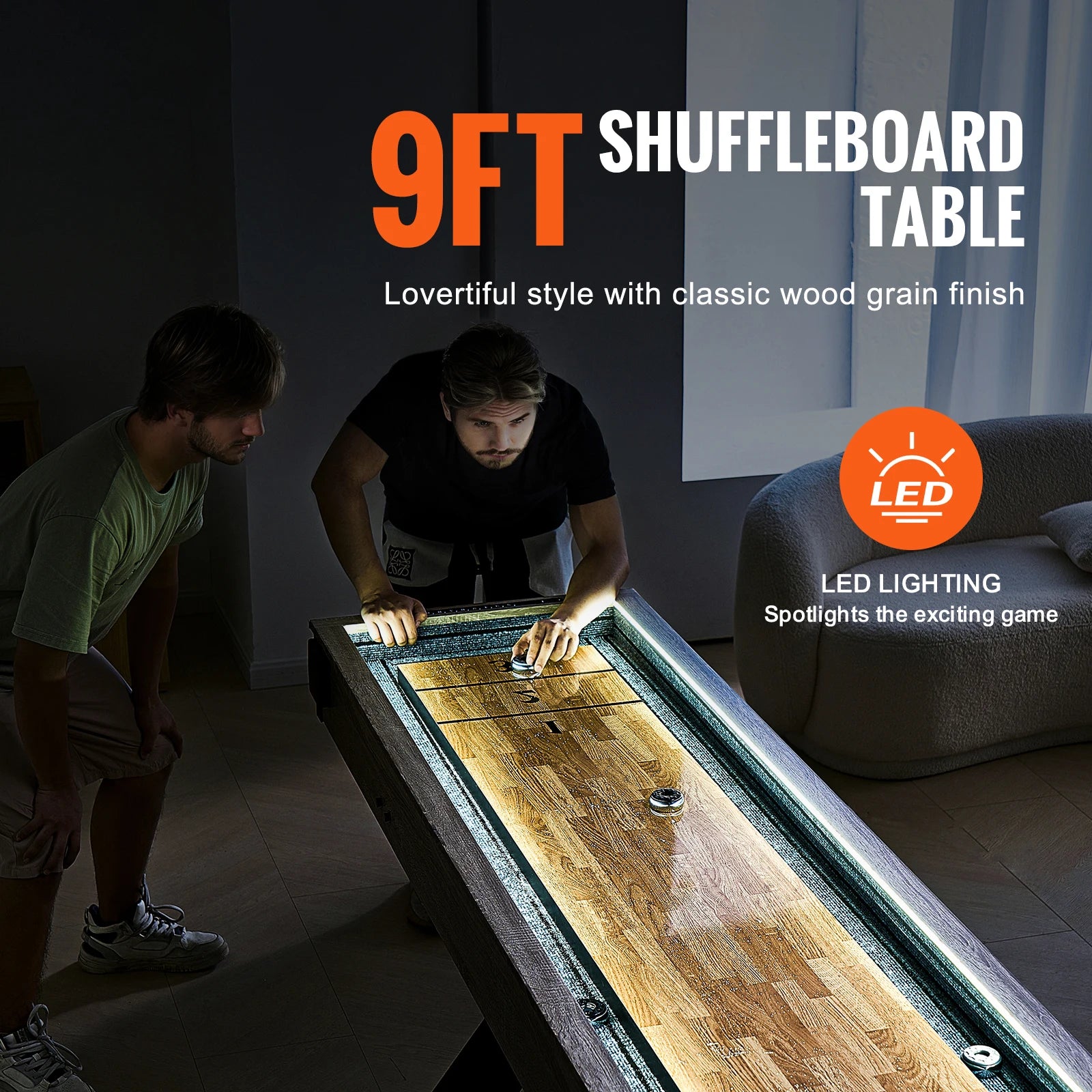 Tavolo Shuffleboard LED da 9 piedi con gioco di bowling set 2 in 1