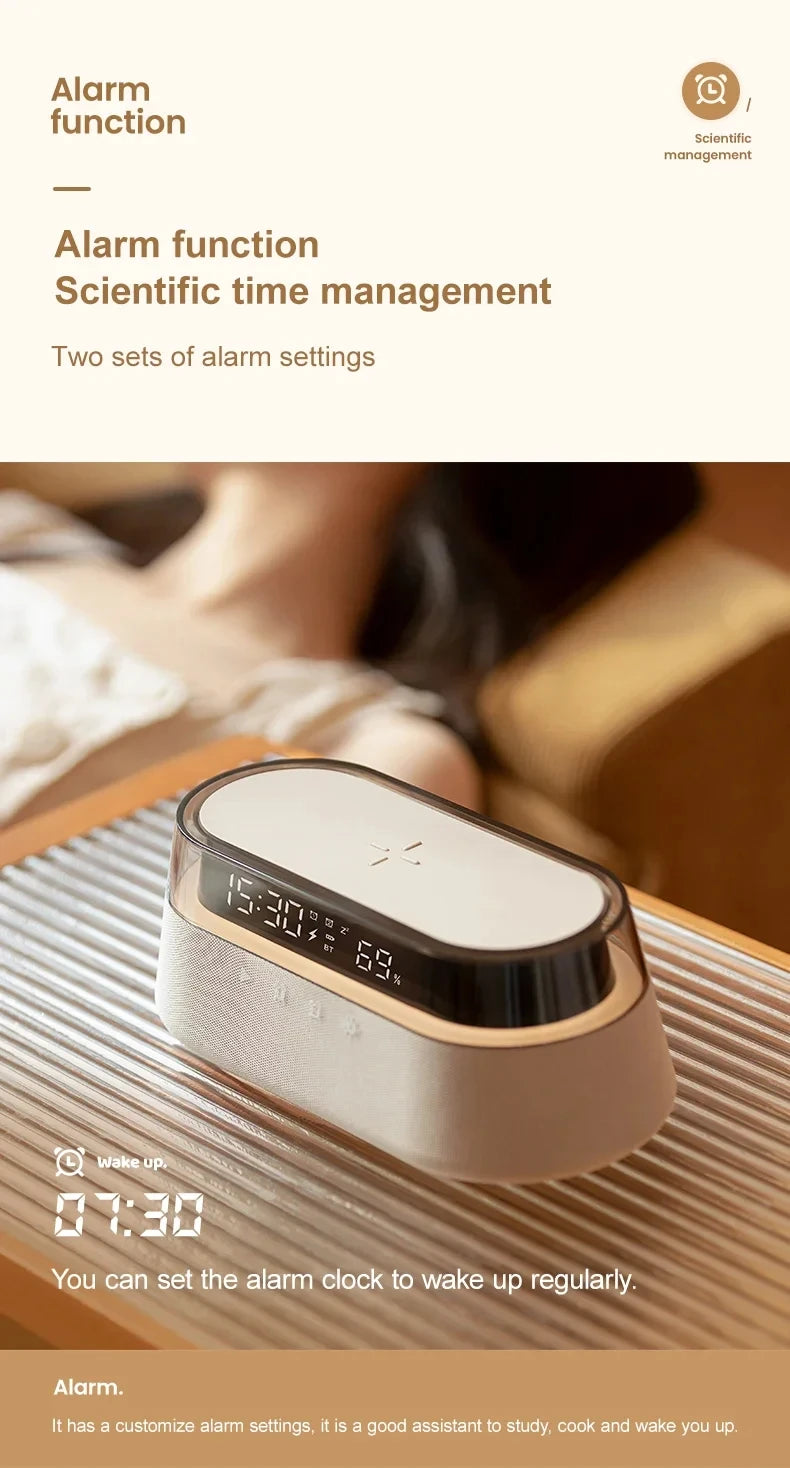 6-in-1 Smart Alarm Clock - 15W Wireless Charger, Bluetooth Speaker, FM Radio, Dual Alarm, USB Charger & RGB Night Light