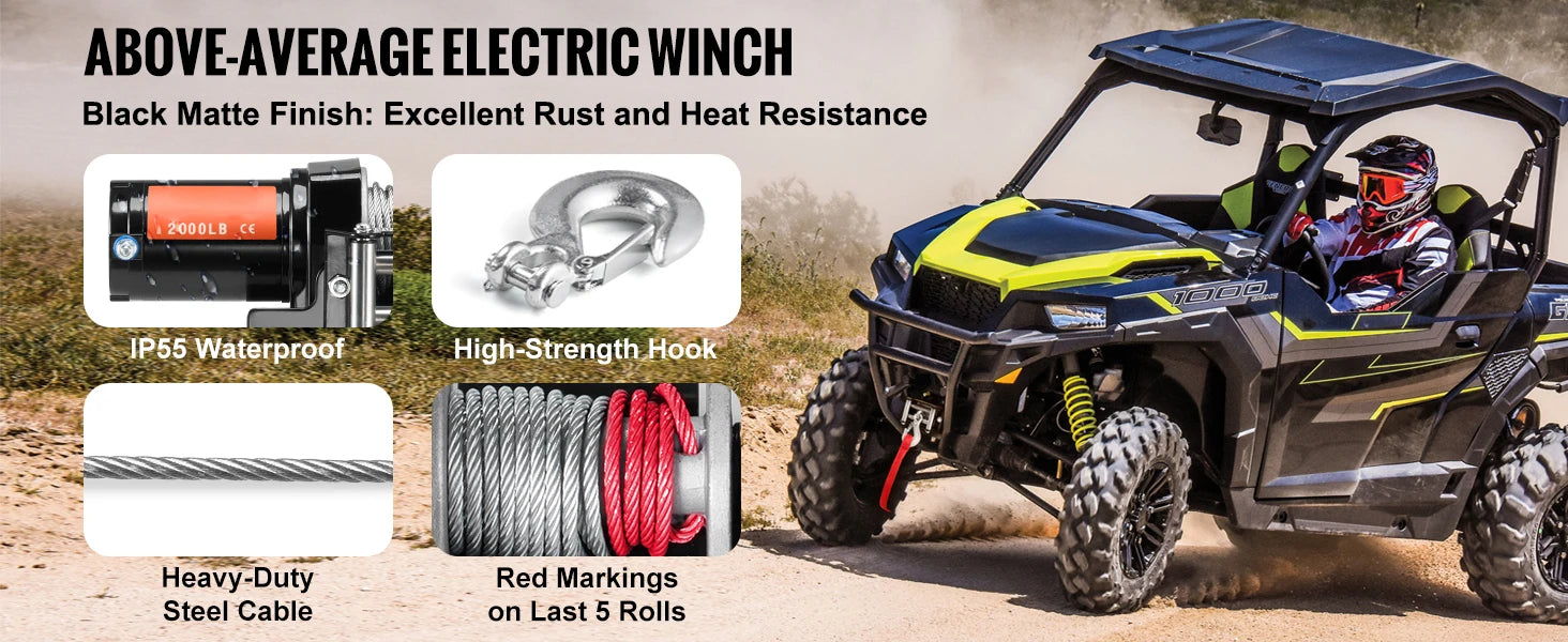2000lbs Electric ATV Winch with Steel Cable & Wired Remote