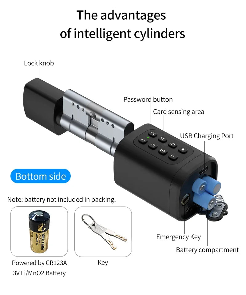 Electronic Digital Tuya Smart Lock Cylinder with Fingerprint Password App Bluetooth Card Mechanical Key Easy Replacement Battery
