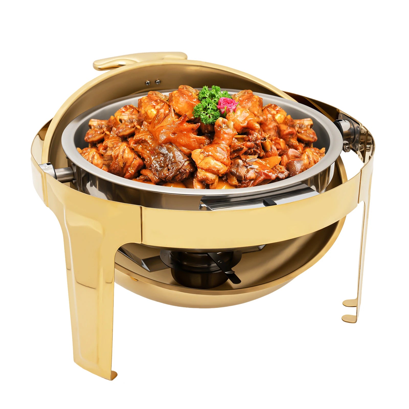 Gold Round Roll Top Chafing Dish 6L Stainless Steel Buffet Warmer with Visual Lid