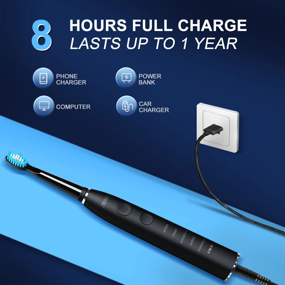 Seago Electric Sonic Toothbrush USB Rechargeable Adult 360 Days Long Battery Life IPX7 4 Replacement Heads Travel Box SG-575