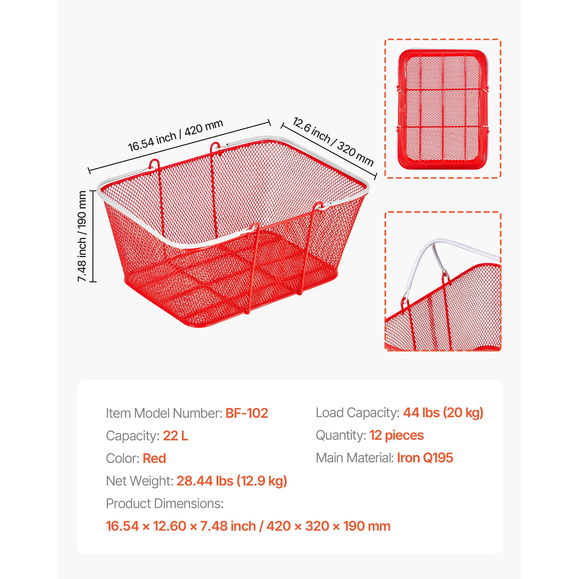 12 Pack 22L Stackable Metal Shopping Baskets with Handles