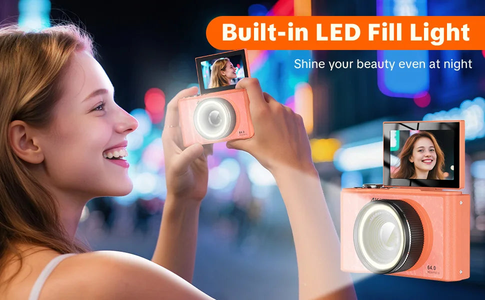 4K Vlogging Camera with 180° Flip Screen, Ring Light, Beauty Mode, 32GB SD Card