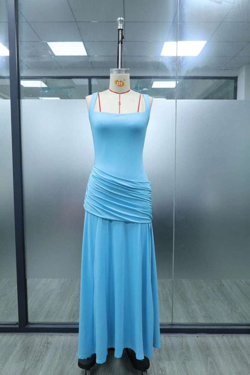 Women’s Elegant Ruched Backless Maxi Dress with Square Neck