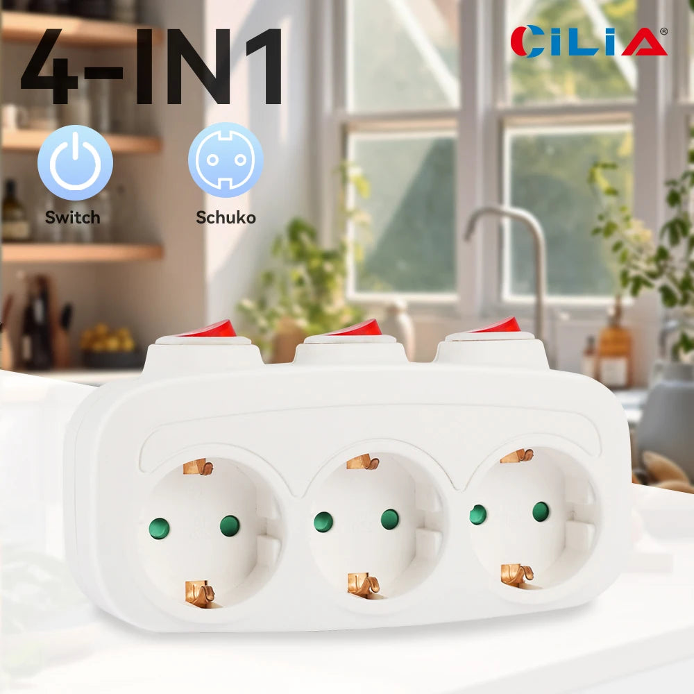 EU Three-Socket Wall Adapter with Switches