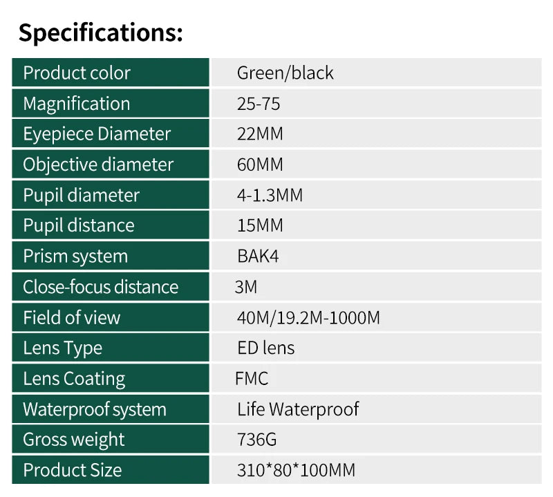 25-75x60 Spotting Scope Zoom Monocular high power telescope Bak4 Prism ED Lens For Outdoor Camping Bird Watching hunting