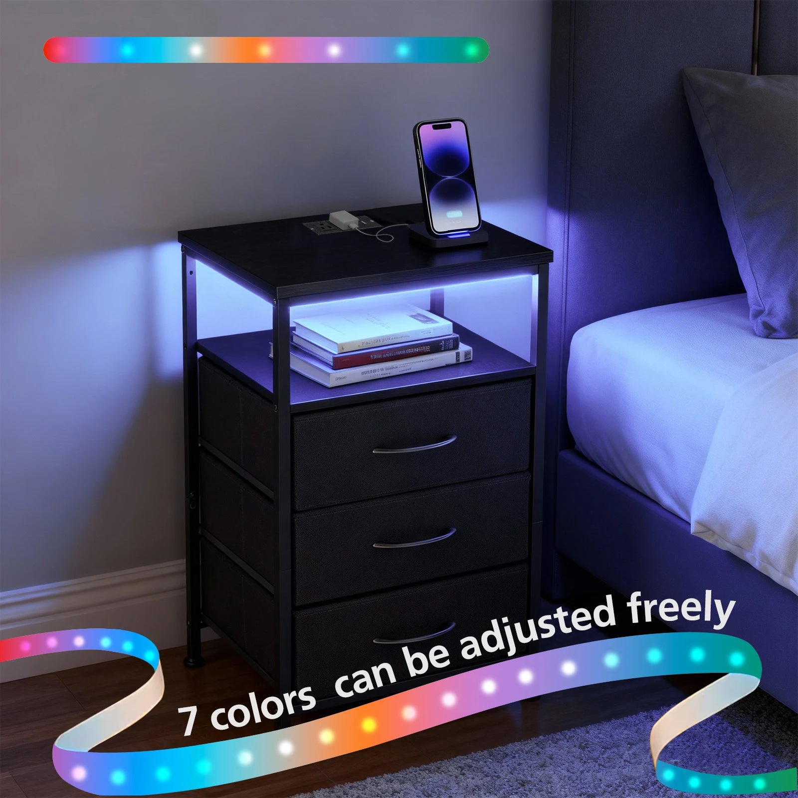 Nightstand with Charging Station, LED Light & 3 Fabric Drawers