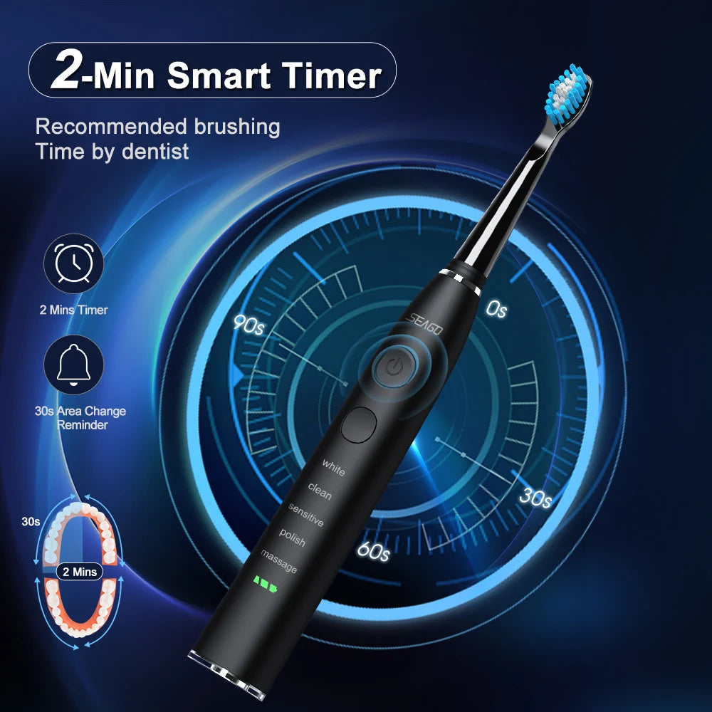 Seago Electric Sonic Toothbrush USB Rechargeable Adult 360 Days Long Battery Life IPX7 4 Replacement Heads Travel Box SG-575