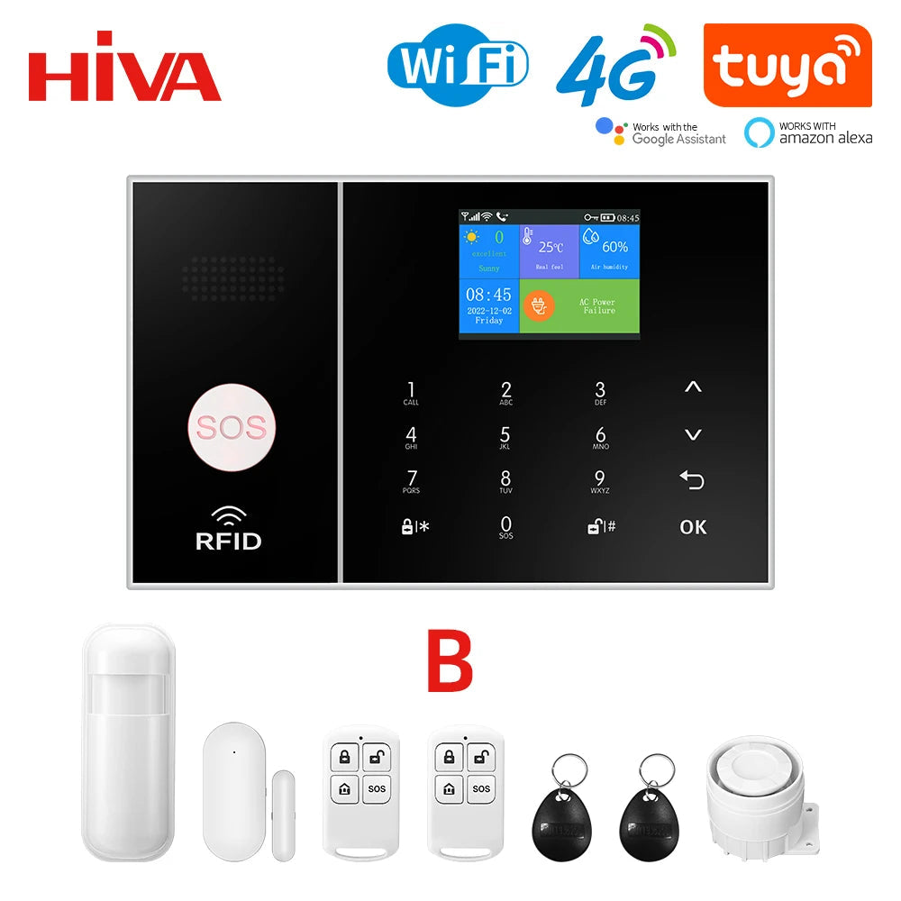 HIVA 4G Security Alarm System For Home WiFi Tuya Smart Life App Control Burglar Alarm Kit Work With Alexa With Pir Door Sensor