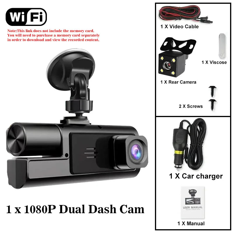 3 Channel WiFi Dash Cam Front Inside Rear 1080P Night Vision DVR