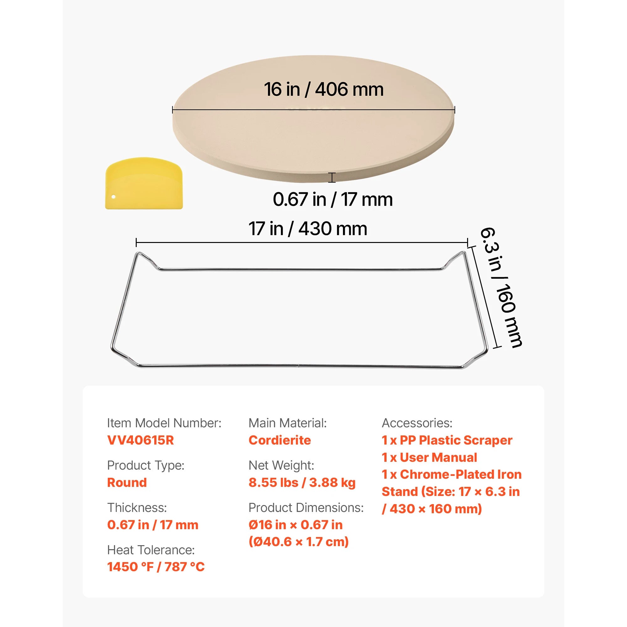 15-Inch Cordierite Pizza Stone with Peel & Scraper 1450°F