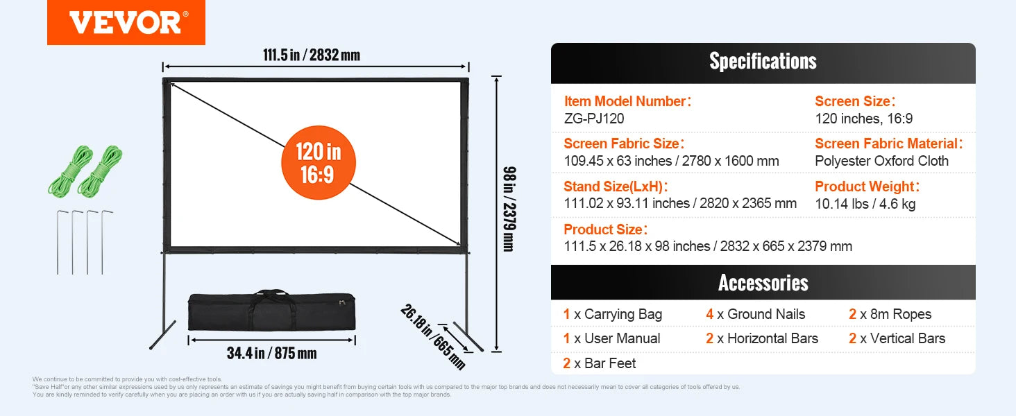 Ecrã de Projetor Portátil 120" com Suporte 16:9 para Filmes ao Ar Livre