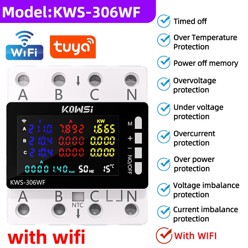 WiFi Güç Enerji Ölçer AC Monitör 3 Faz Koruma ile