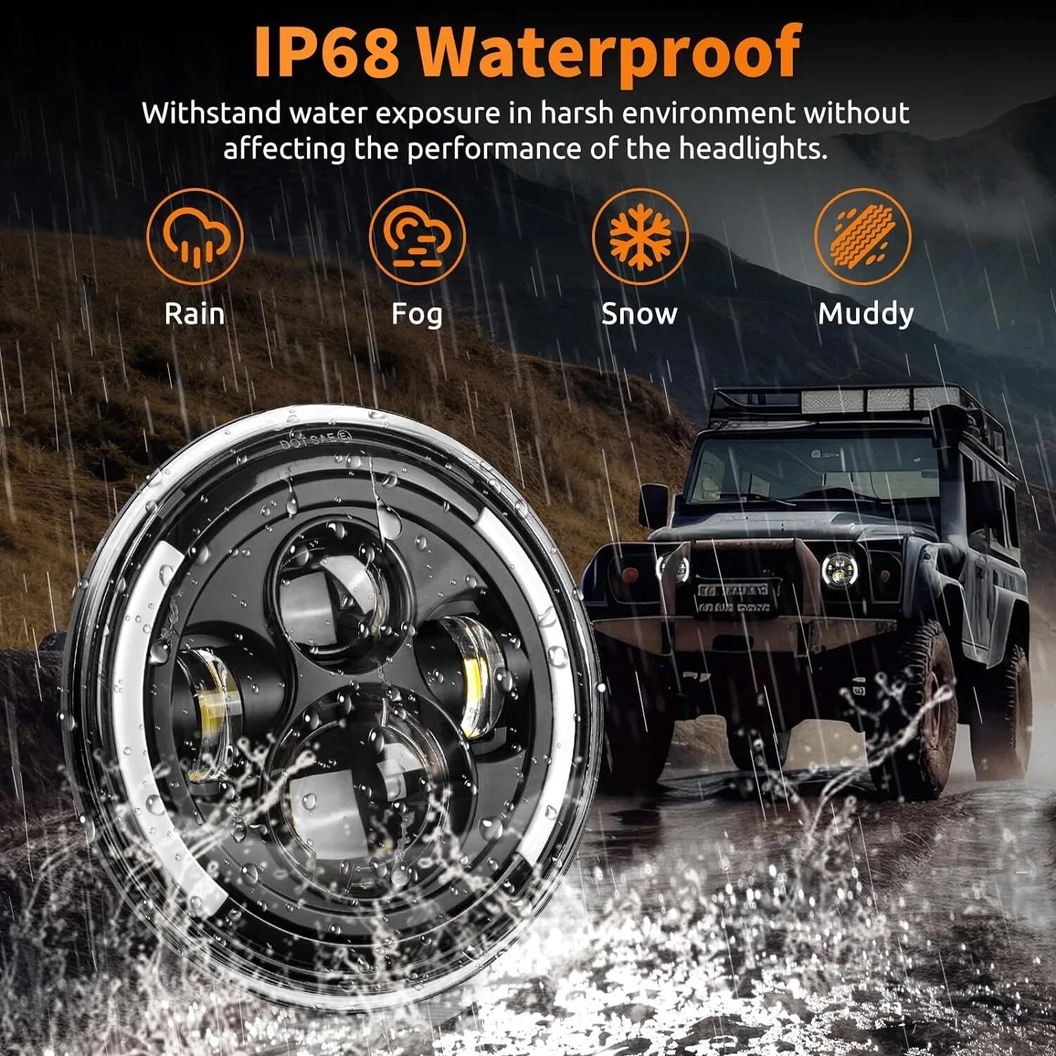 7 Inch LED Headlight Halo Ring with Hi/Lo Beam, Angel Eyes DRL and Amber Turn Signal