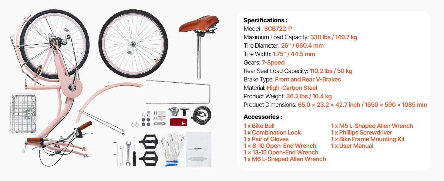 24/26 Inch Cruiserfiets met Mand & Achterdrager, 7 Versnellingen Comfortabele Rit