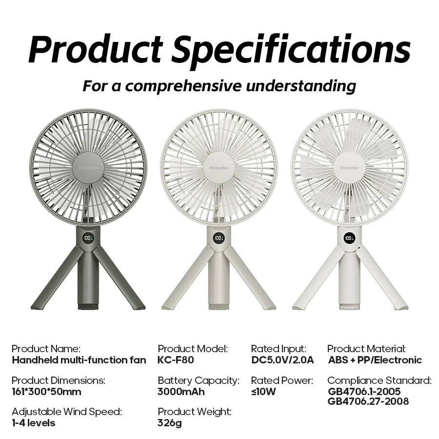 Genopladelig KC-F80-stativventilator med digitalt display