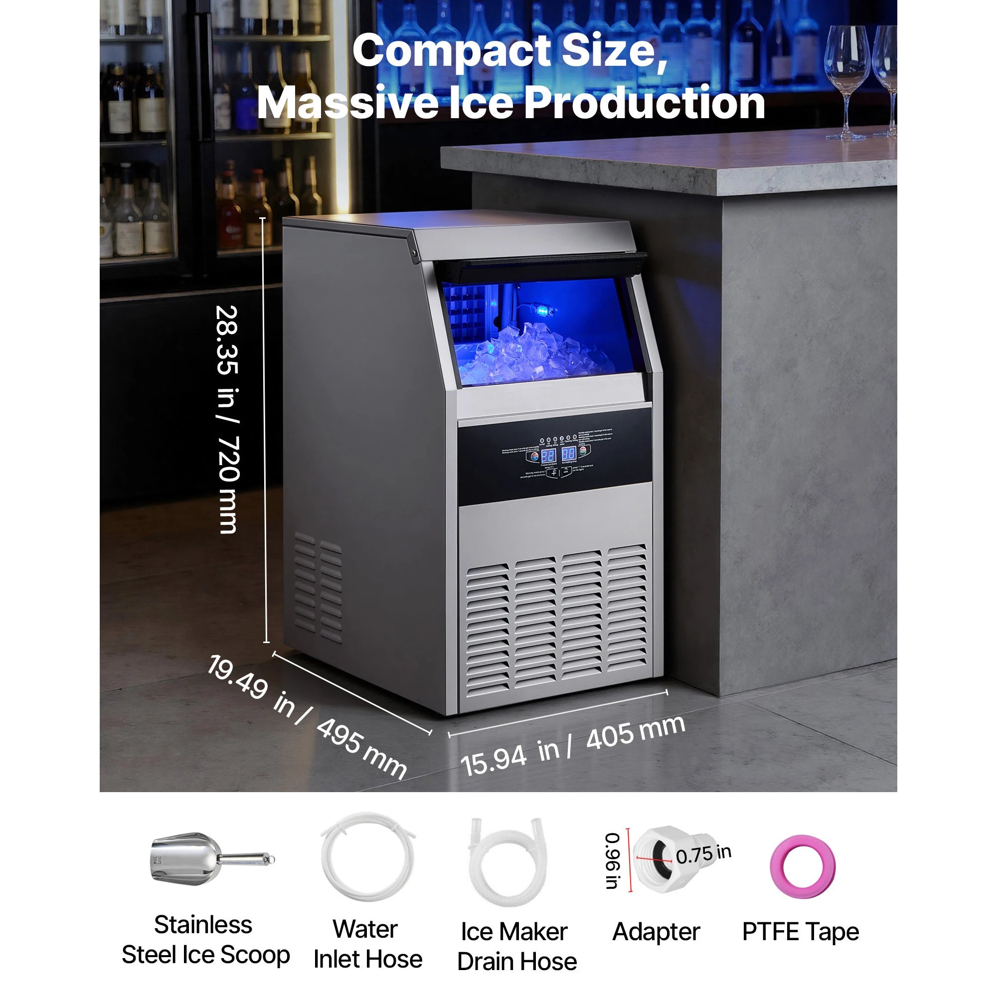 Commercial Ice Maker 80lbs/24h with LED Display & Self-Cleaning
