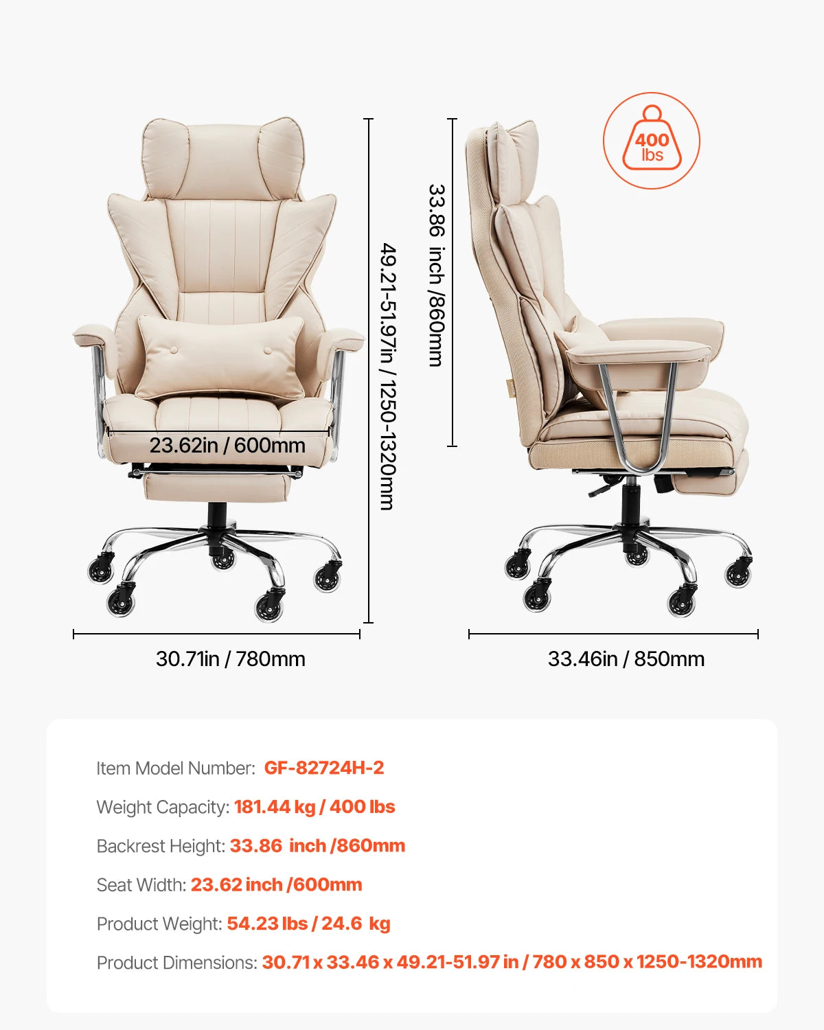 Ergonomisk kontorstol med vippefunktion, fodstøtte og 300 lb bæreevne