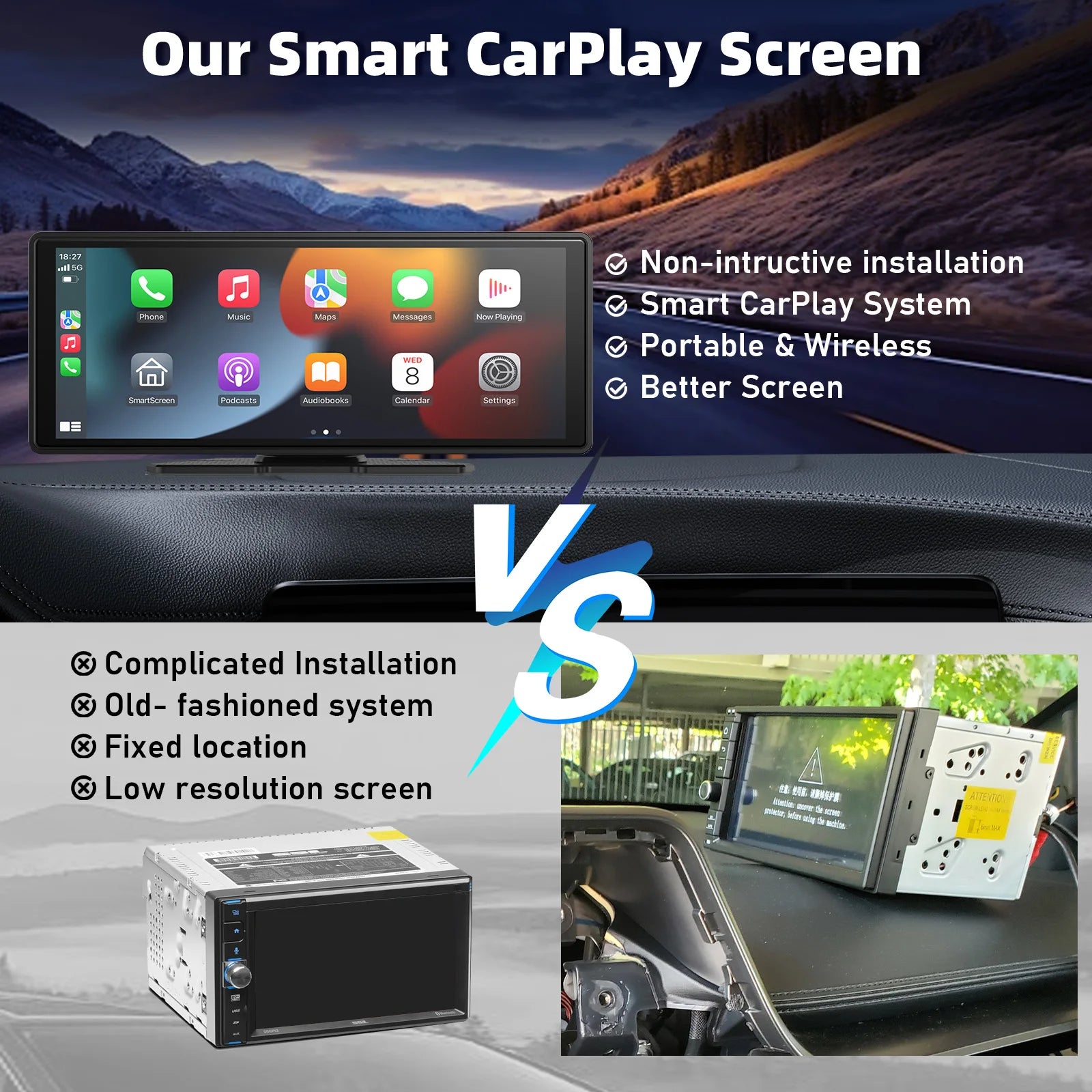 10,26" trådlös CarPlay- och Android Auto-pekskärm med backkamera