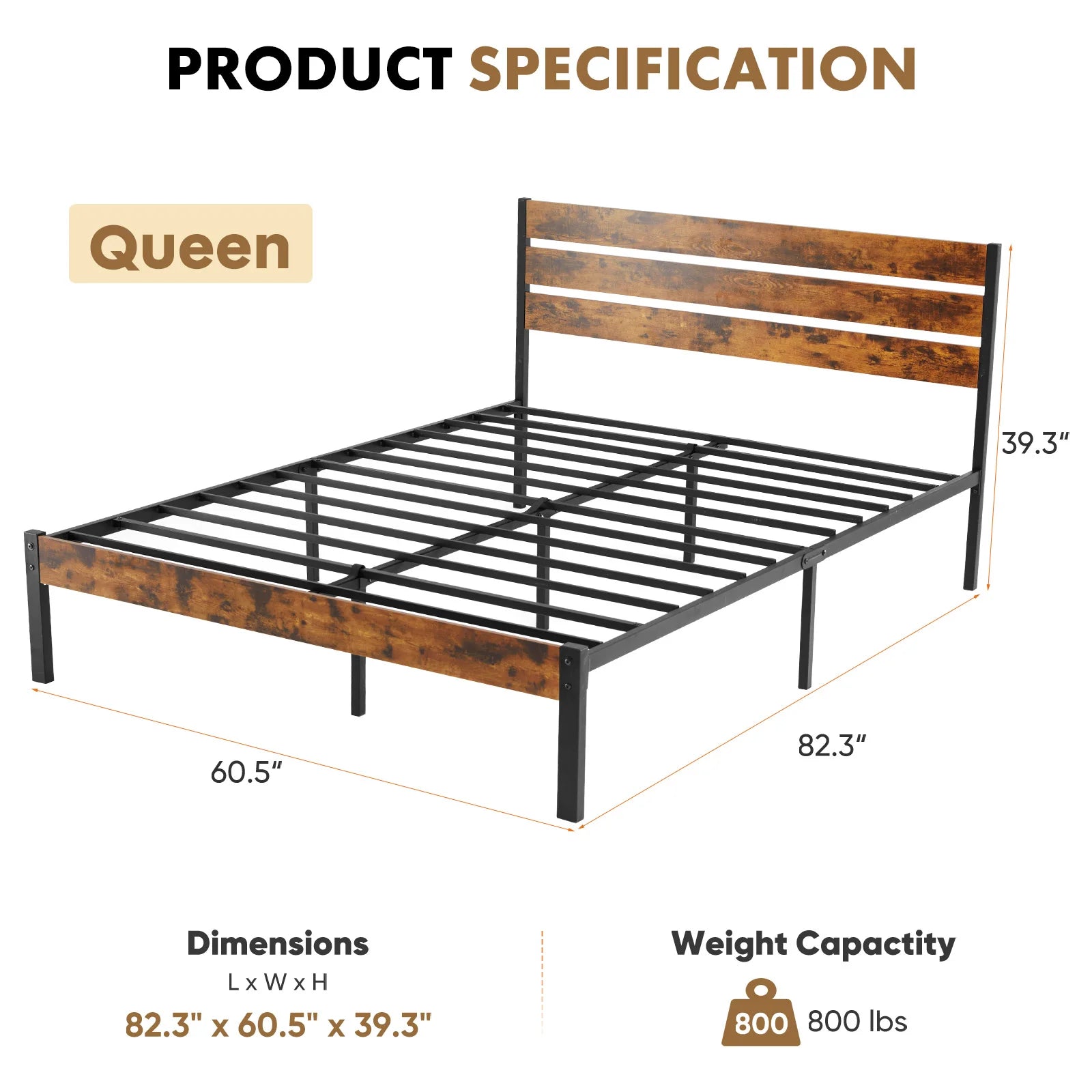 Queen Size Metal Platform Bed Frame with Storage Space & Headboard