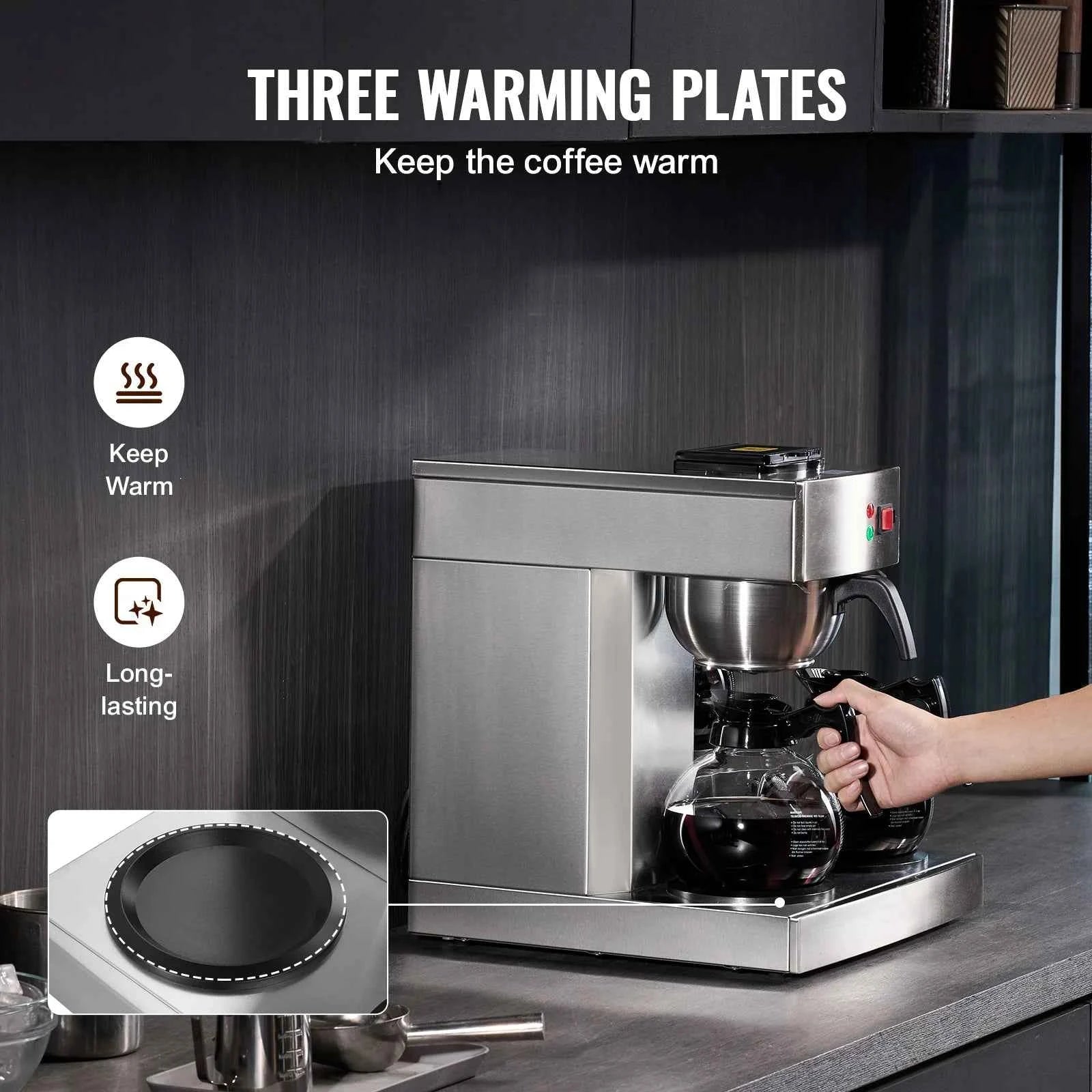 12-Cup Commercial Drip Coffee Maker with 3 Glass Carafes and 3 Warming Plates