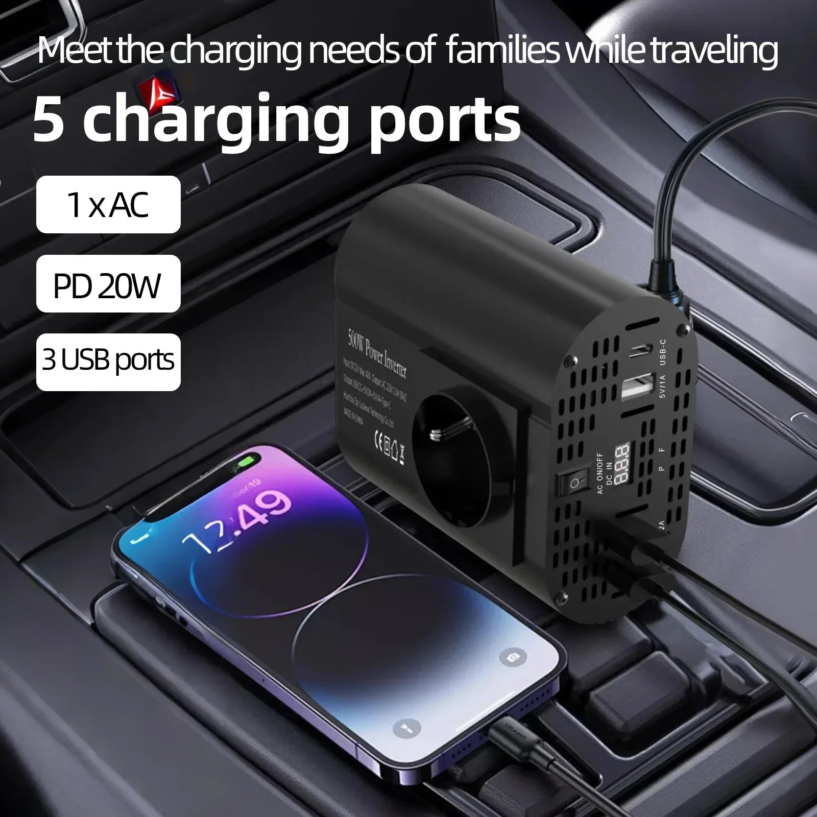 400W/500W/1500W Car inverter DC 12V to AC 220V converter, 3USB 2.0 and 1USB QC3.0 European standard socket