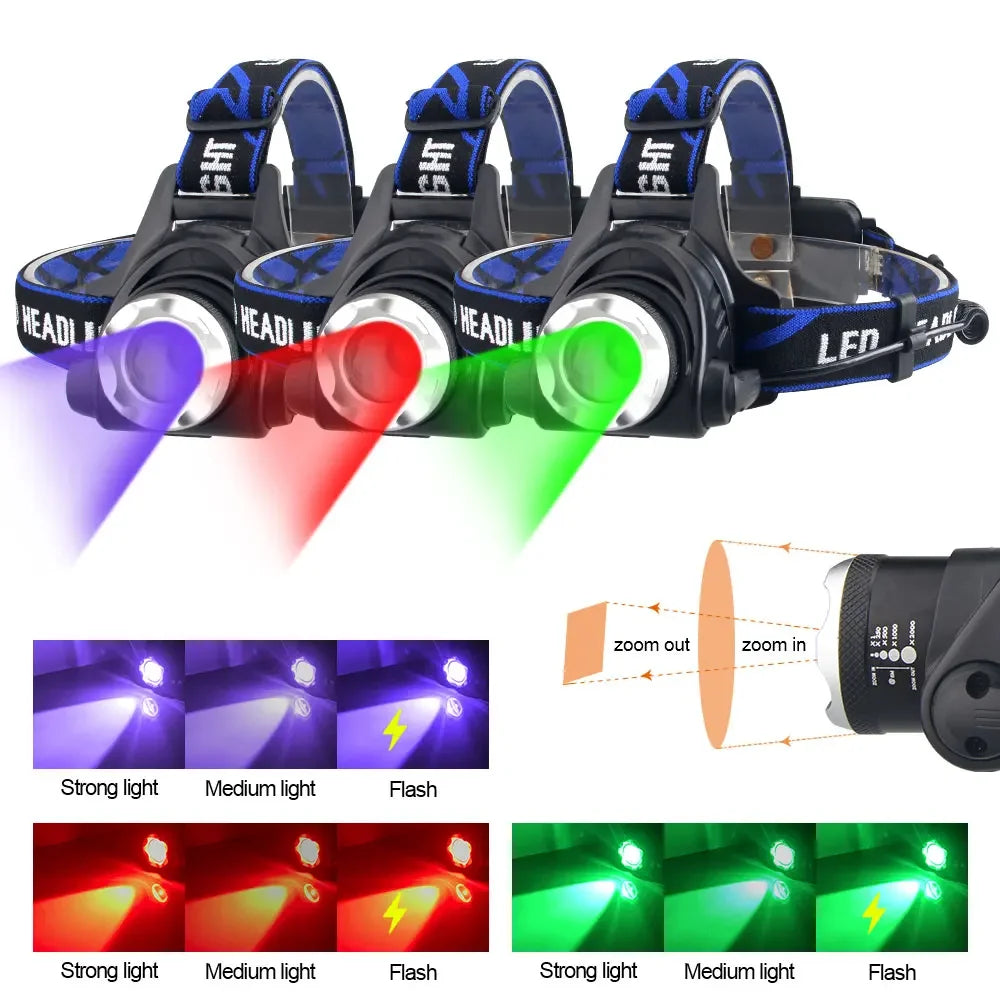 Zoomable Headlamp, Red/Green/395nm UV Options