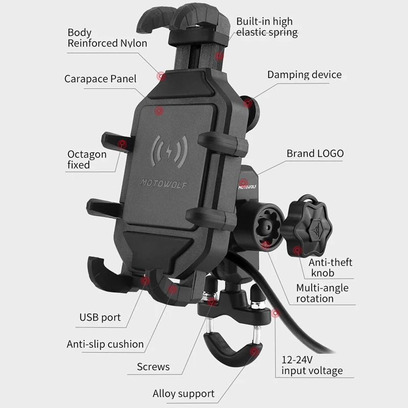 Motorcycle Wireless Charging Phone Mount with 360° Rotation Holder