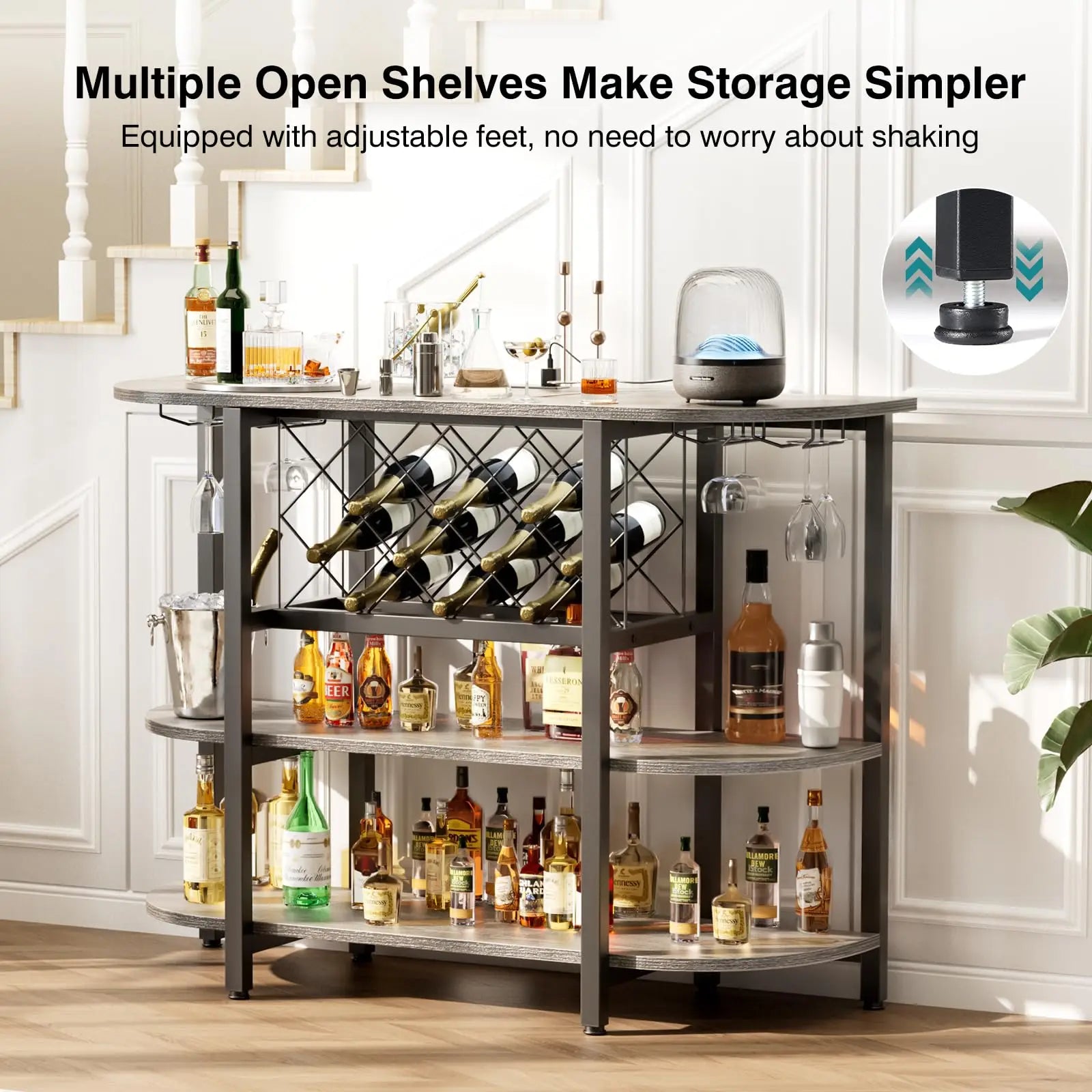 LED Bar Cabinet with Storage, Charging Station & Wine Rack