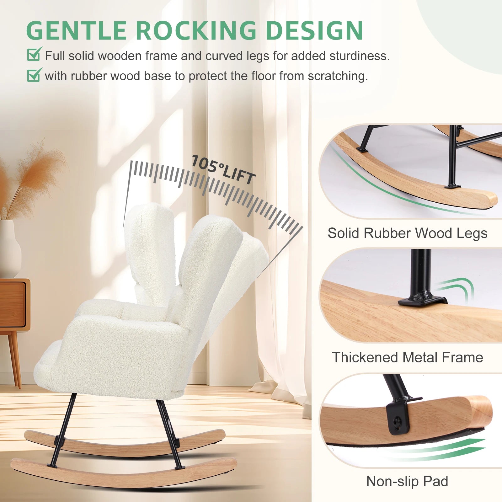 Teddy Fabric Glider Rocking Chair with High Back & Padded Seat