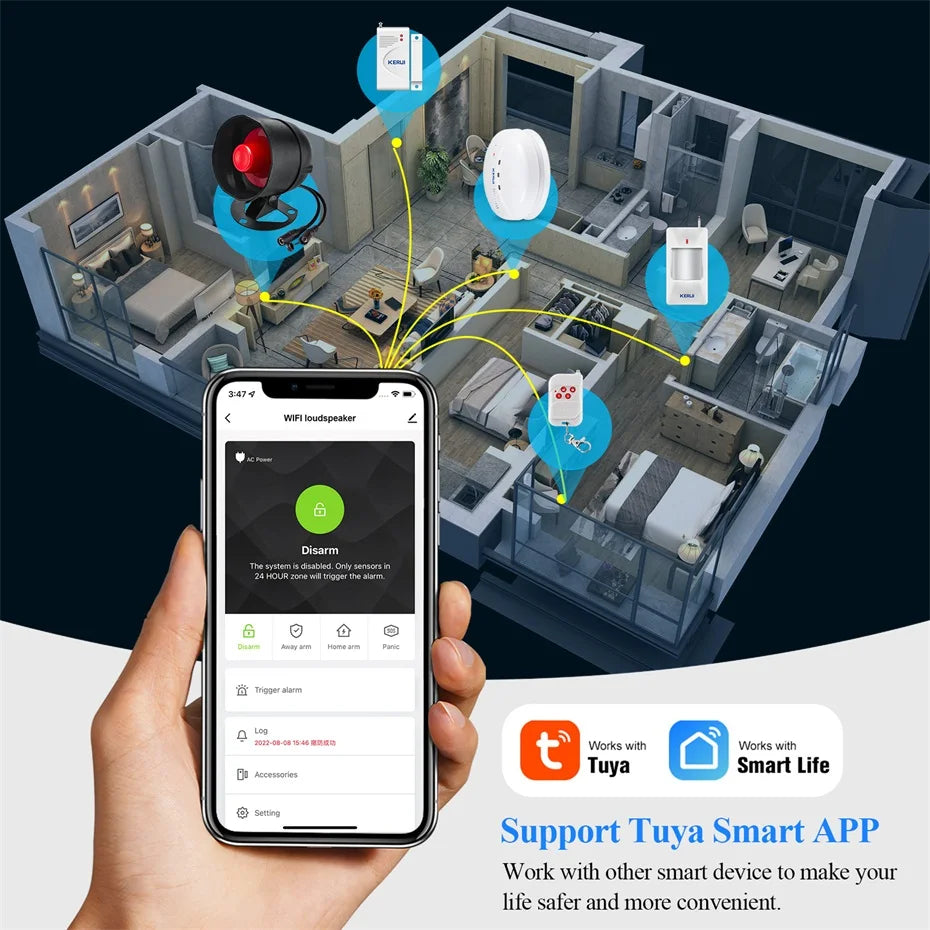 KERUI WIFI Siren Alarm System 110db Loudly Speaker Burglar Home Security Alarm Work With Tuya Smart Motion Sensor for House