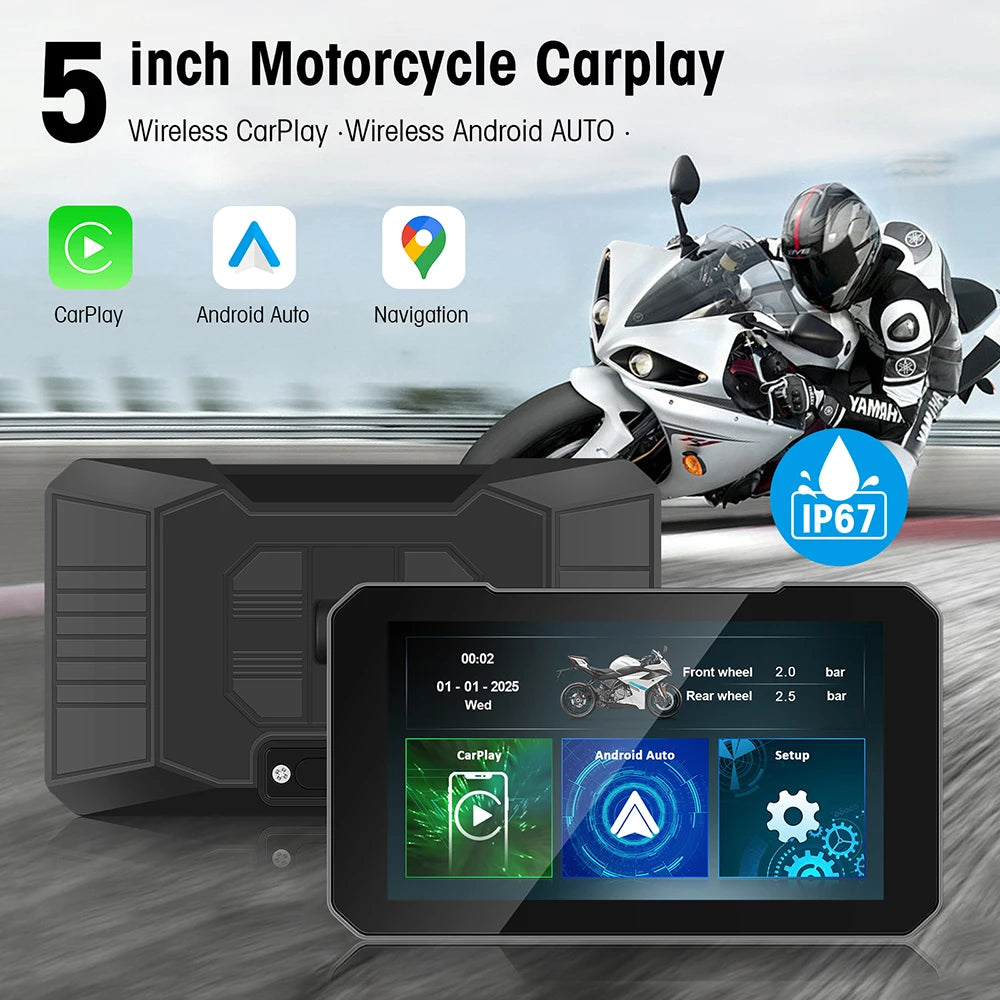 5 Inch Motorcycle Portable GPS Navigation Display with Wireless CarPlay and Android Auto
