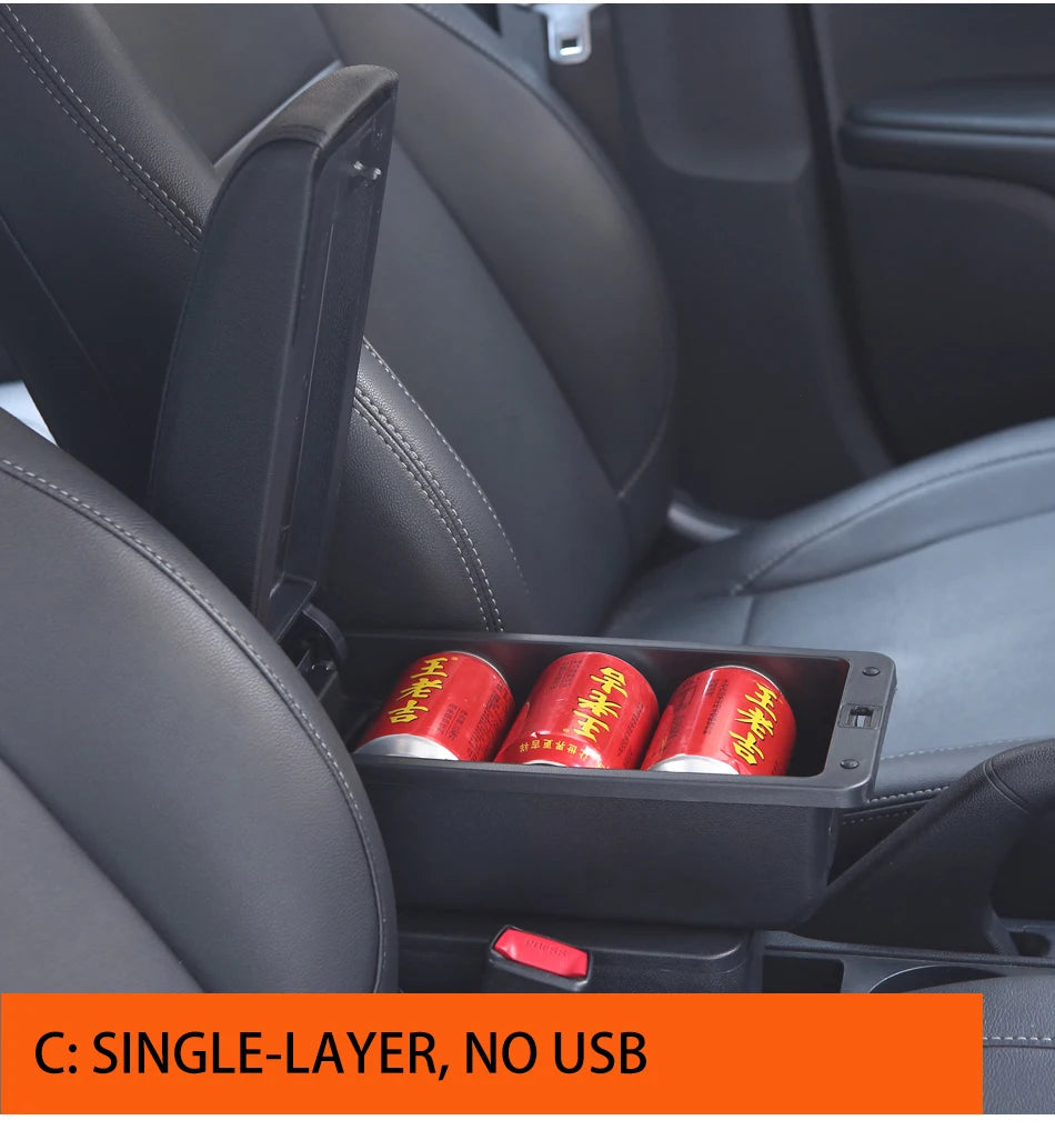 Universaali auton käsinoja säilytystilalla ja valinnaisilla USB-porteilla
