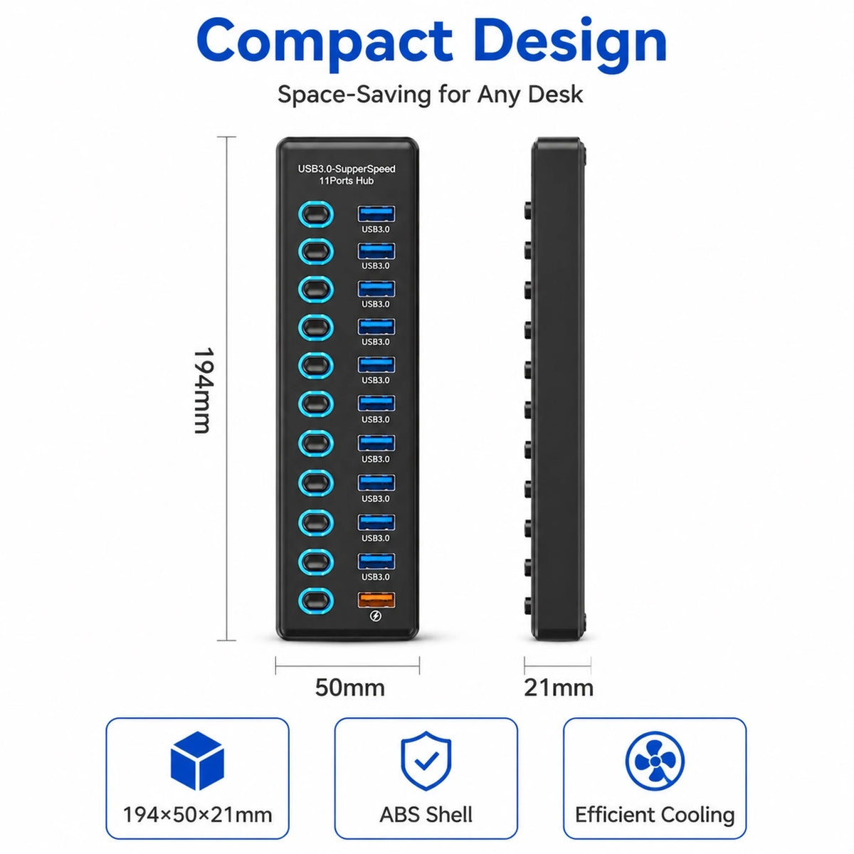 USB Hub with Long-Cable Options - Four to Eleven Ports