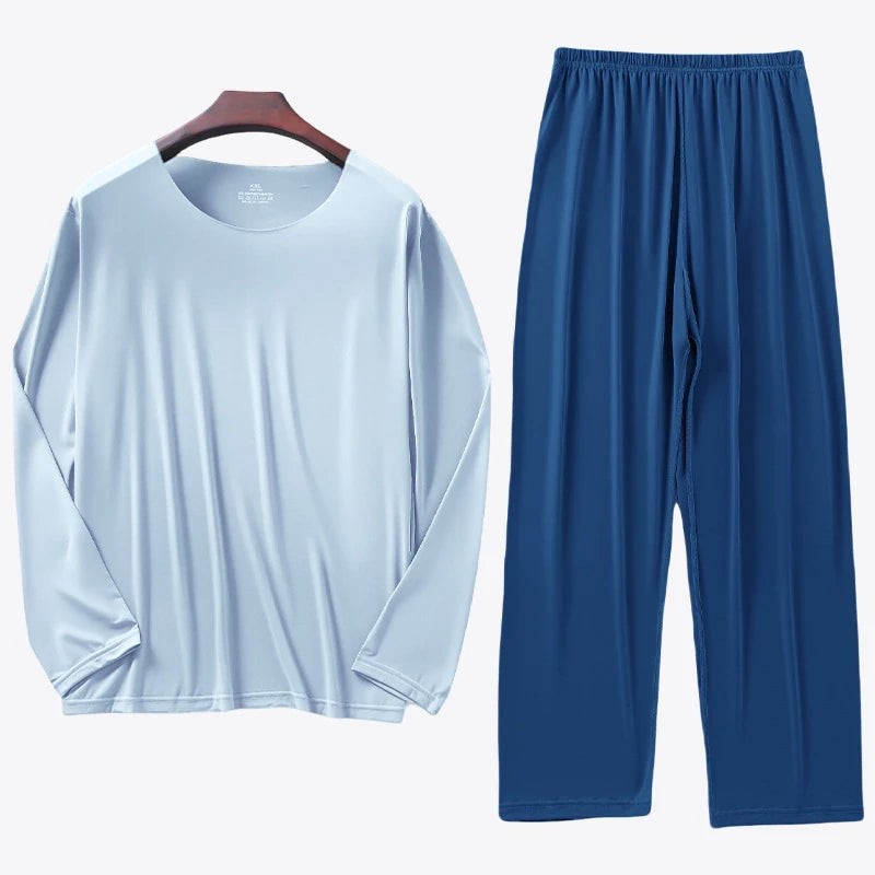 Men's Ice Silk Pyjama Set with Long Sleeve Top and Elastic Waist