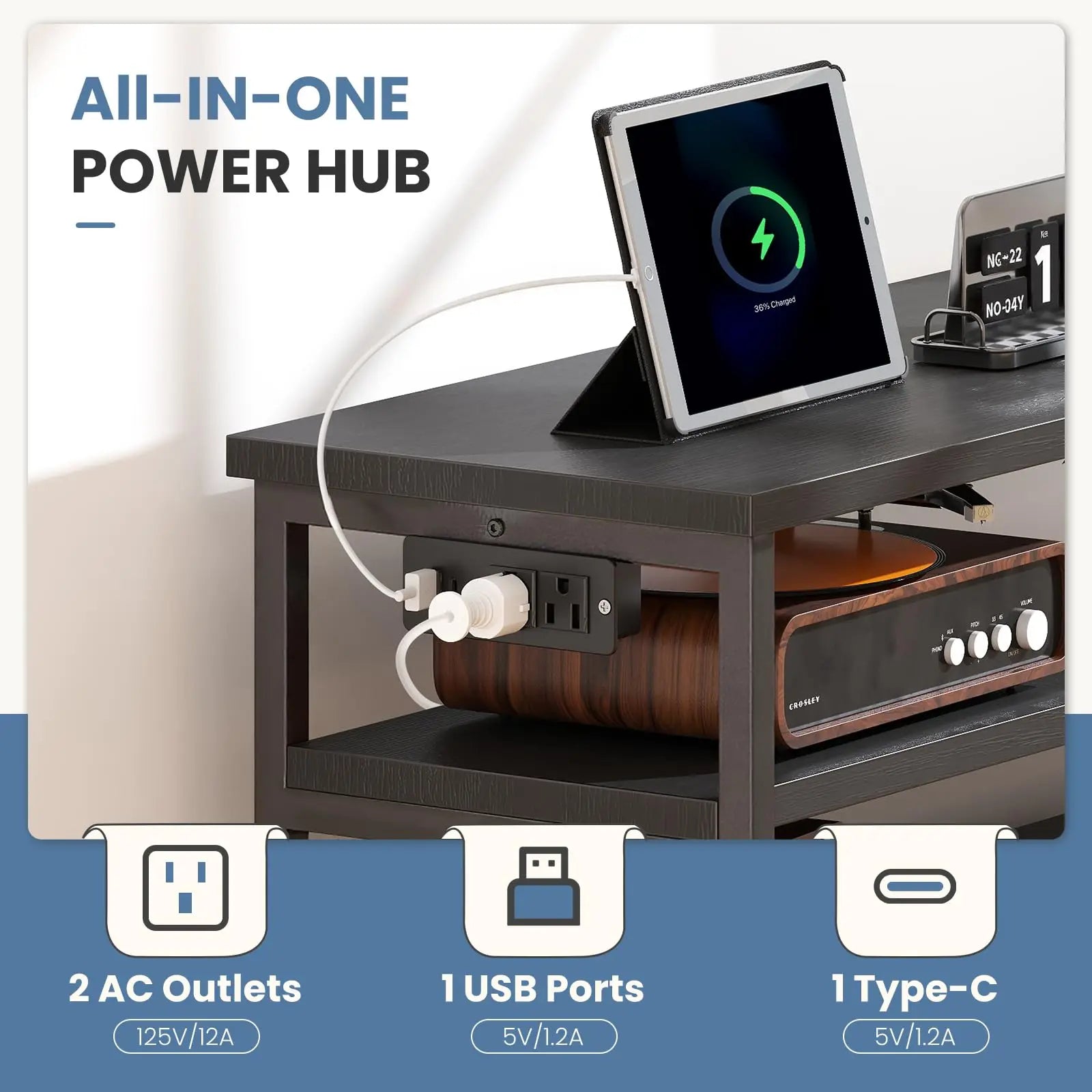 TV Stand with 6 Drawers, Charging Station & LED Lights for up to 45" TVs