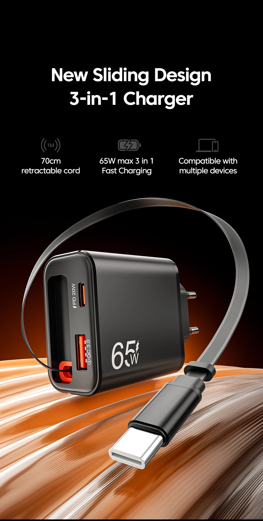Wandladegerät mit ausziehbarem USB-C-Kabel