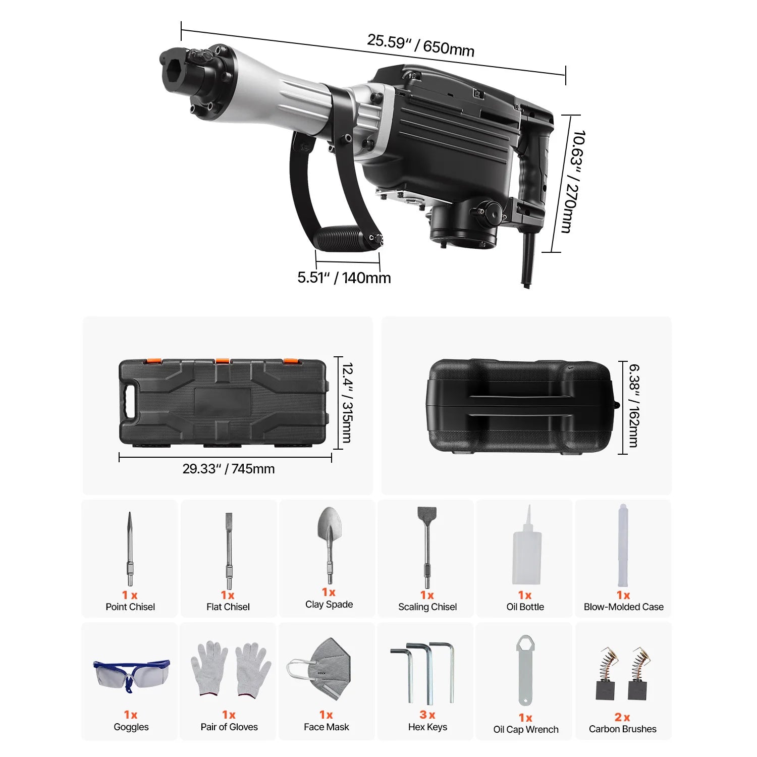 2800W Electric Demolition Jack Hammer 1200 BPM Concrete Breaker Kit