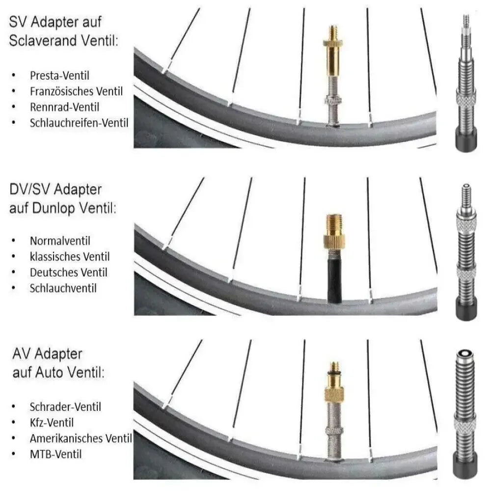 Conjunto de adaptadores para válvulas de bicicleta, três peças