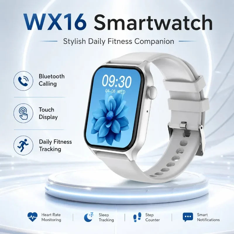 For Android IOS Users WETECH WX16 Smart Watch Bluetooth Call Internal Mic Touch Screen 123 Sport Modes Heart Sleep Stress Tracking Fitness Wristwatch 7-Day Battery White Black Two Colors Available