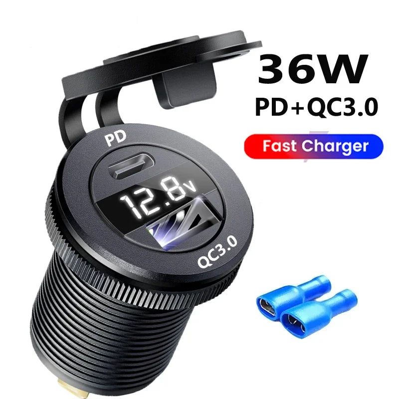 12V Car Fast Charger Power Socket QC3.0 and PD USB Port Car Charger Adapter fast charging for Car Boat Marine RV Motorcycle